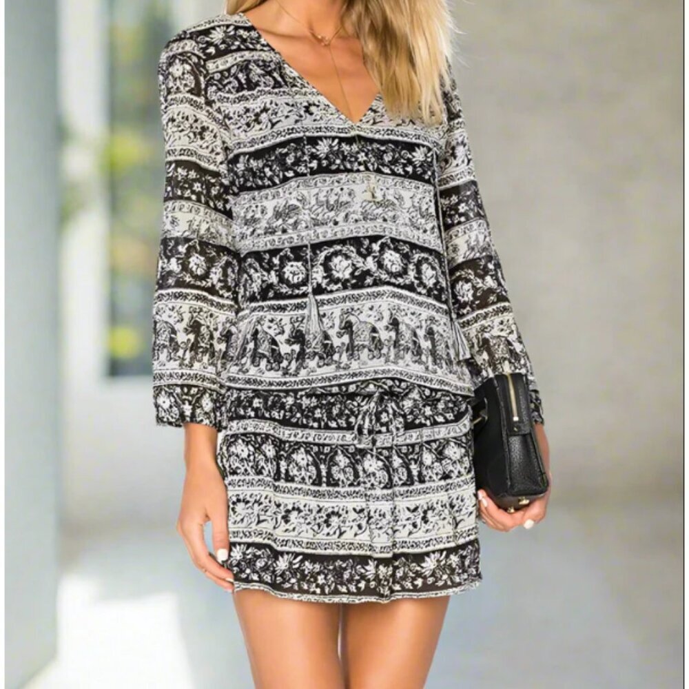 Joie Black Boho Mini Dress XS Cotton V-Neck Drop Waist Elephant Print